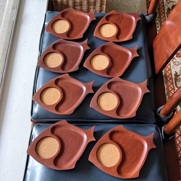 8 Vintage MCM cork & teak individual drink & snack trays. Made in Japan. - Picture 1 of 9